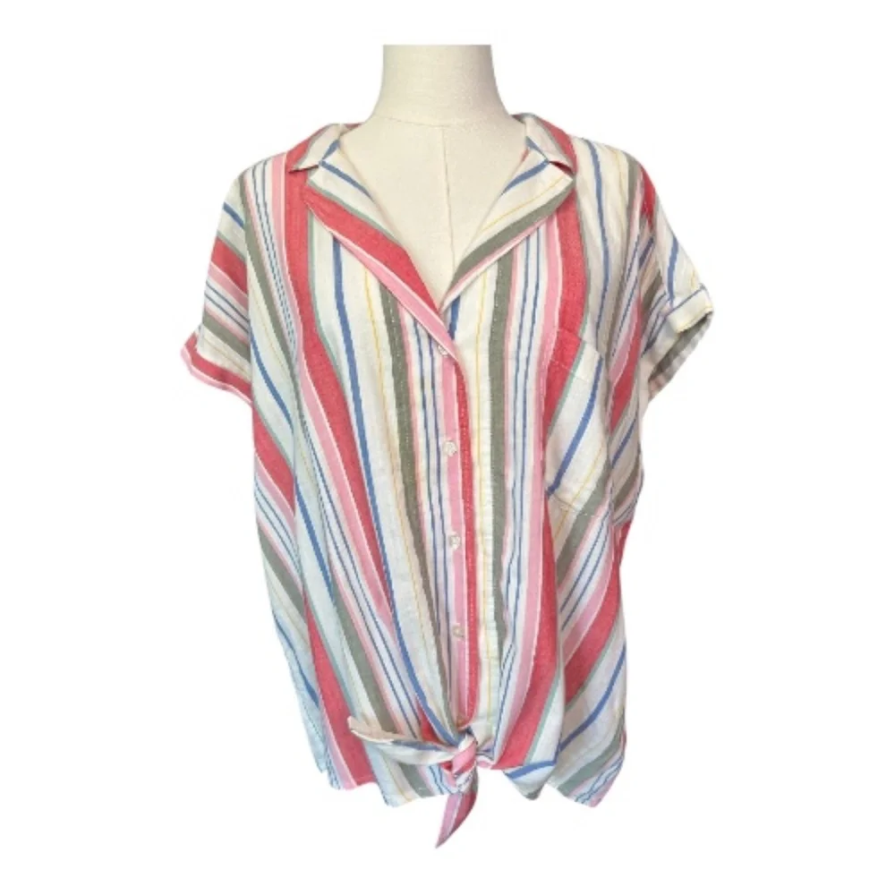 EUC Old Navy women’s multicolor striped short sleeve button up blouse | size XL - Picture 1 of 6